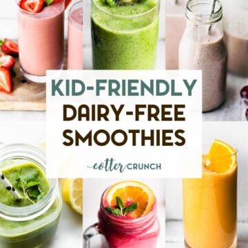 A grid of 6 photos of Kid-Friendly Dairy-Free Smoothies with a text overlay.