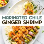 A photo of an oval white plate with shrimp skewers and rice with a text overlay for pinterest.