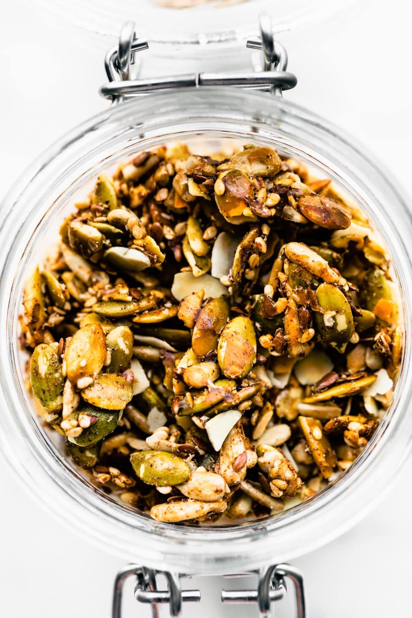 overhead shot of pumpkin spice granola in a jar