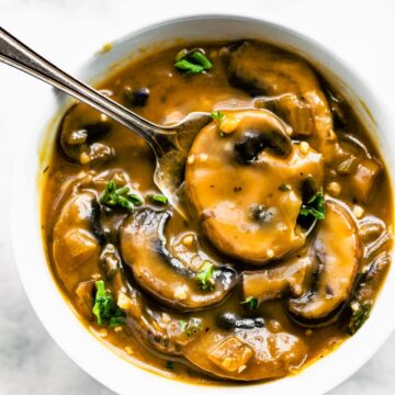 overhead shot of vegan mushroom gravy