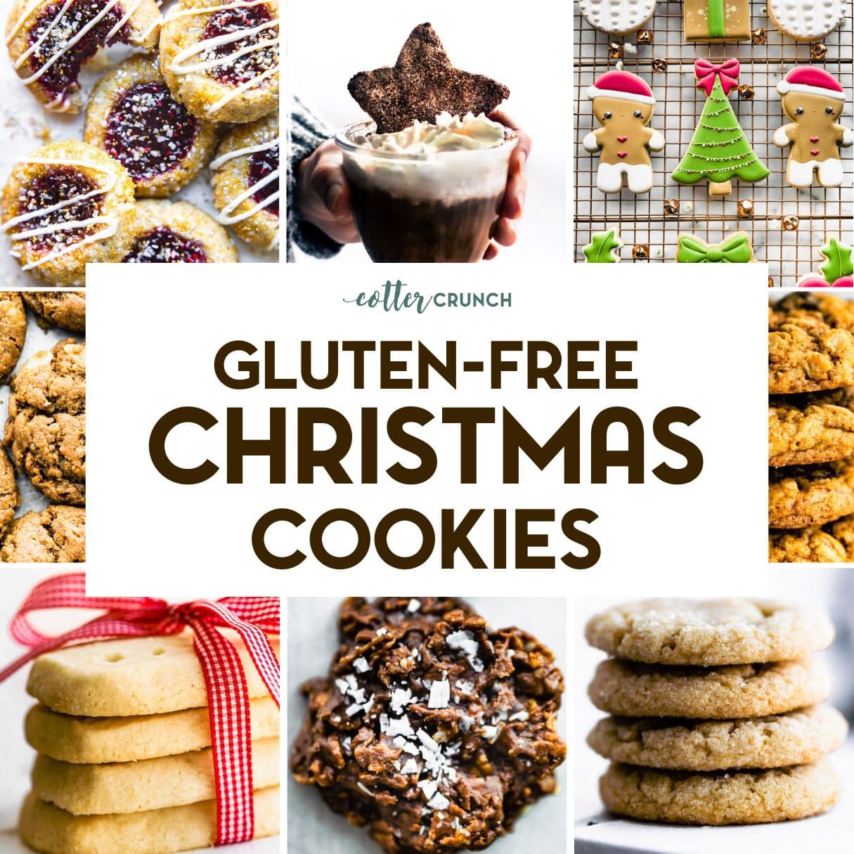 A grid of 8 photos of gluten-free Christmas cookies.
