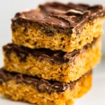 close up image of vegan peanut butter rice krispie treats