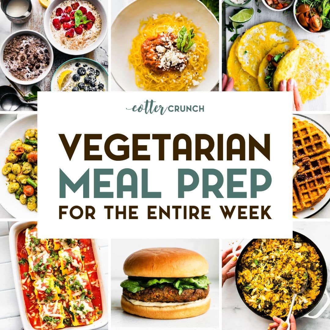 A grid of 8 vegetarian recipe photos with a text overlay.
