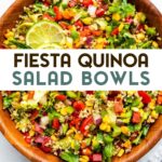 An overhead photo of Fiesta Quinoa Salad in a wooden bowl with a text overlat for pinterest.
