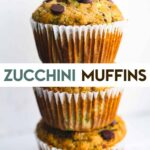 A stack of 3 gluten and dairy-free zucchini muffins with a text overlay for pinterest.