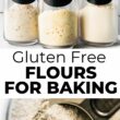 Almond flour, oat flour, and coconut flour in tall glass jars with wooden tops against a white tiled background.