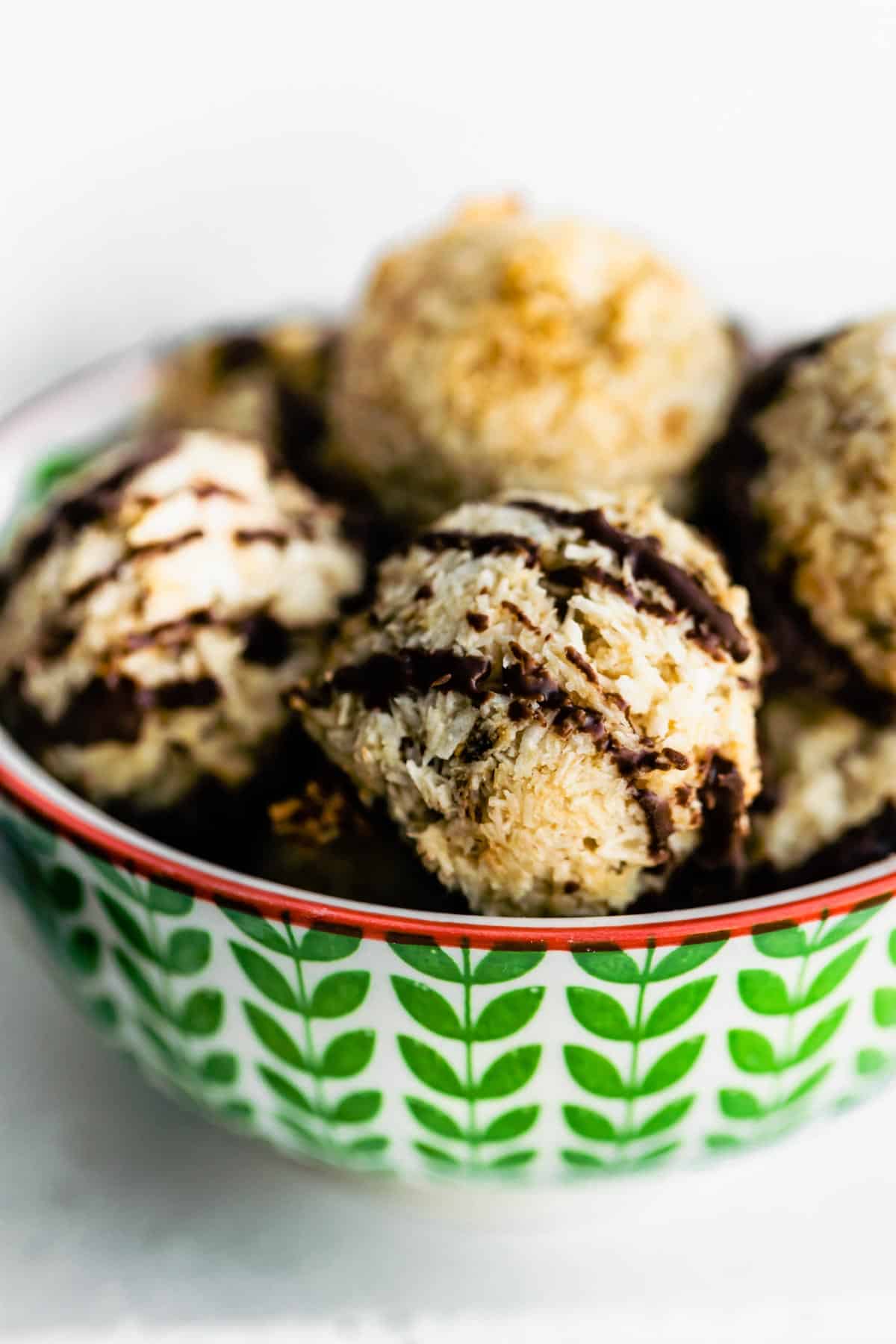 a bowl of vegan mocha coconut macaroons