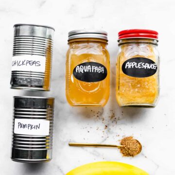 aquafaba, applesauce, chickpeas, pumpkin, banana, and flax seed for vegan egg replacers