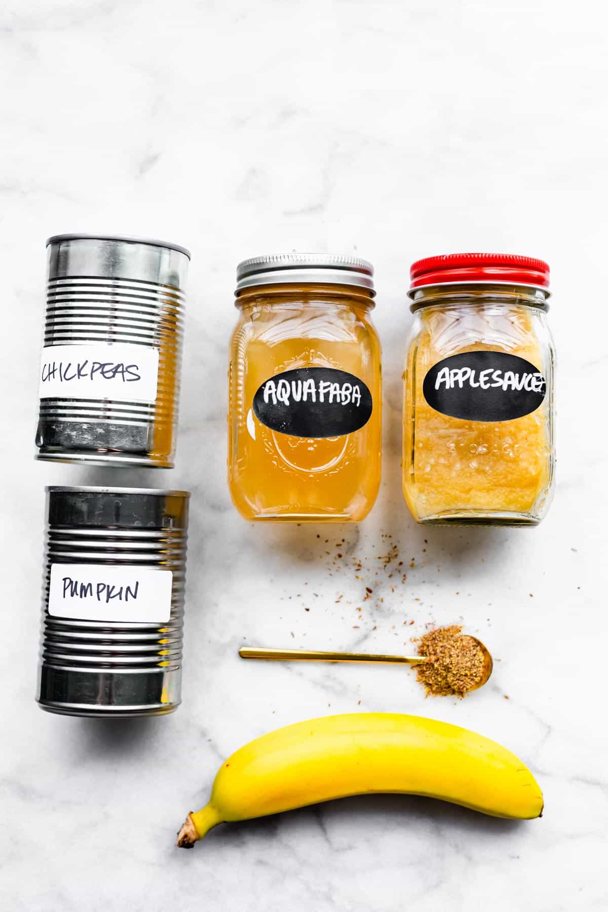 aquafaba, applesauce, chickpeas, pumpkin, banana, and flax seed for vegan egg replacers
