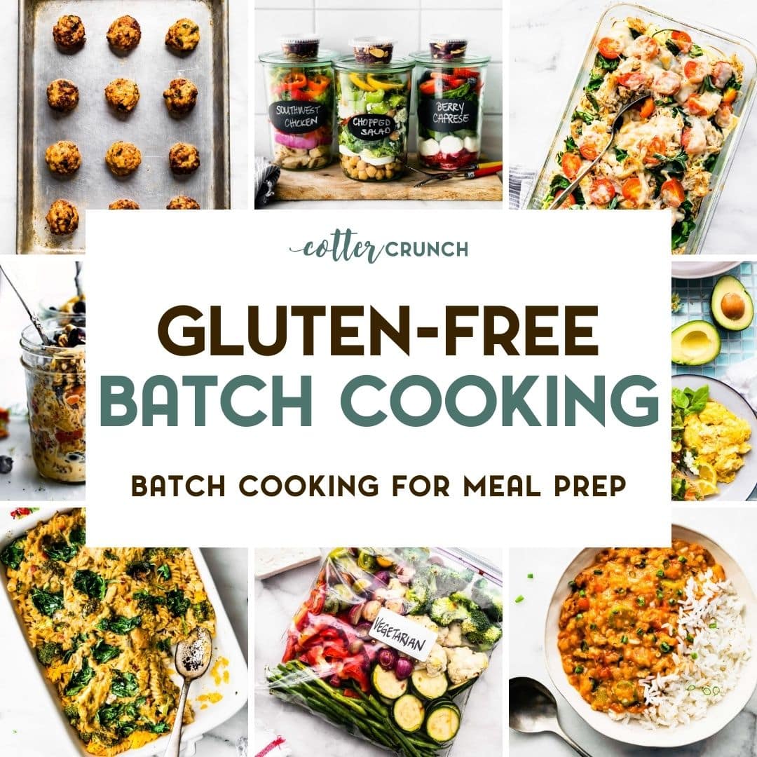 A grid of gluten-free batch cooking for meal prep food photos with a text overlay