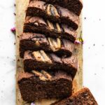 Overhead shot of sliced Easy Gluten Free Chocolate Banana Bread.