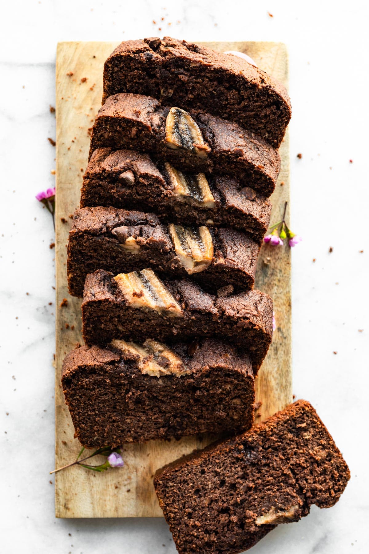 Overhead shot of sliced Easy Gluten Free Chocolate Banana Bread.