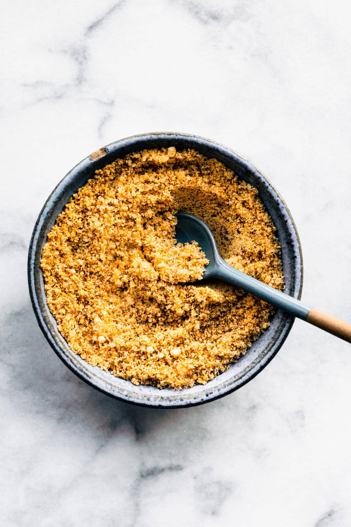 Overhead image of a bowl of homemade gluten-free panko crumbs.