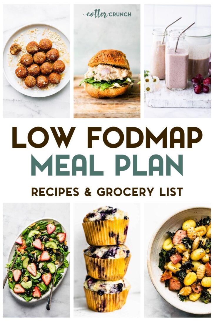 A grid of 6 photos of Low FODMAP Gluten-Free foods with a text overlay.