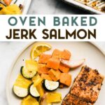 A photo of Sheet Pan Jerk Salmon with a text overlay for pinterest.