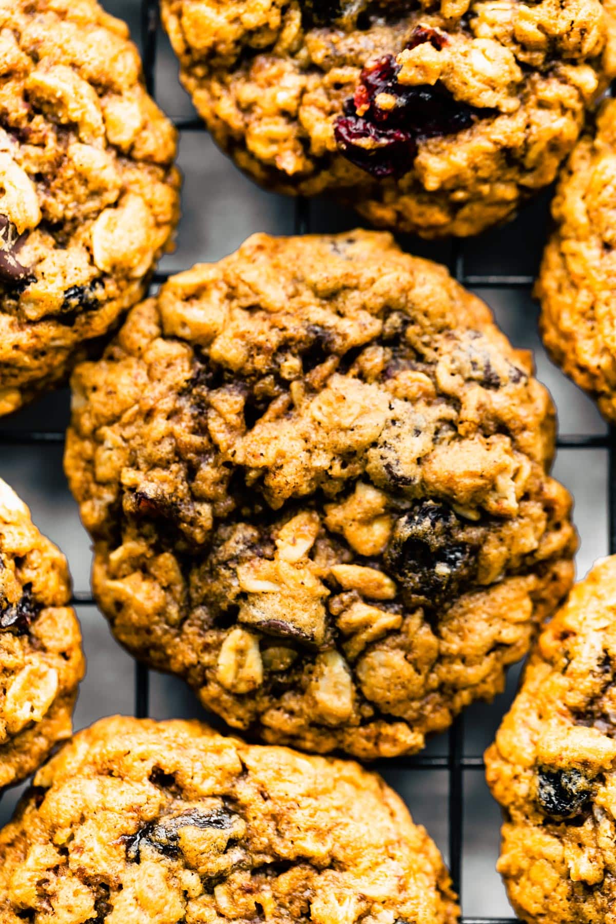 Up close photo of gluten free oatmeal cookies studded with chocolate chips and dried cranberries.