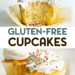 Two photos of gluten-free vanilla cupcakes with a text overlay for pinterest.