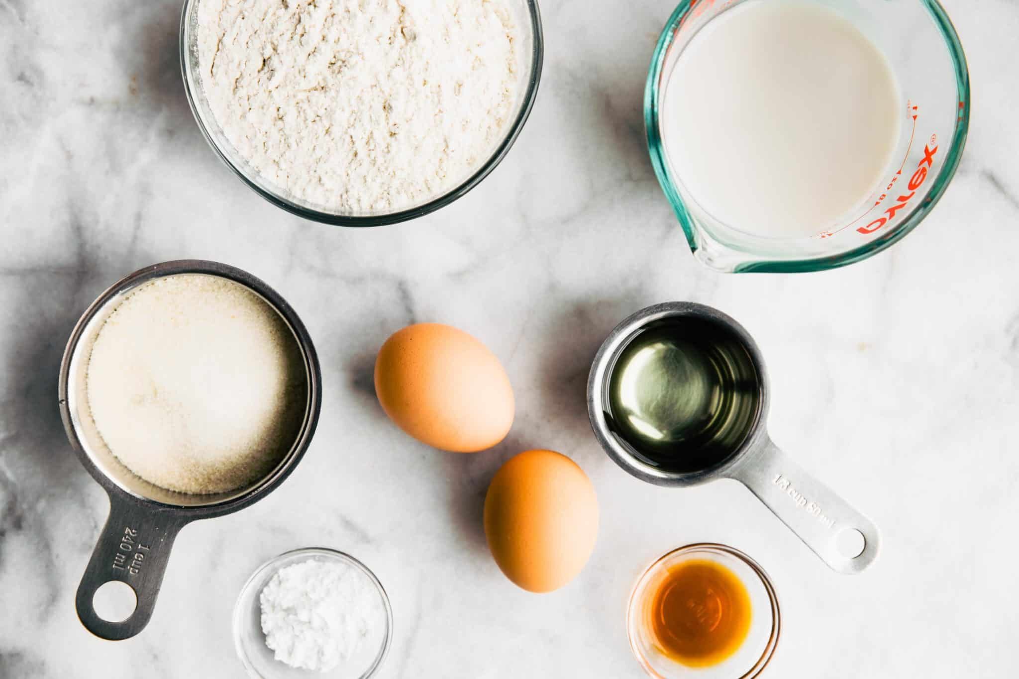 Gluten free flour, monk fruit sweetener, eggs, oil, and vanilla for gluten free cupcakes.