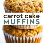 A photo of 2 stacked gluten-free carrot cake muffins with a text overlay for pinterest.