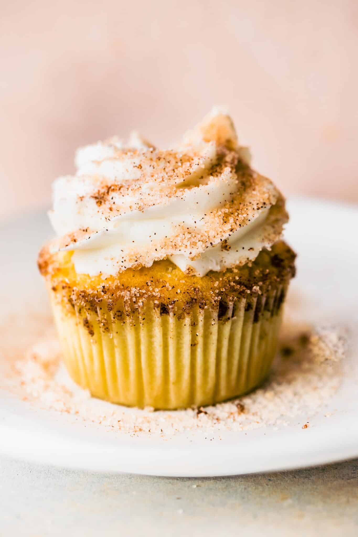 One cinnamon sugar churro cupcake on a white plate.