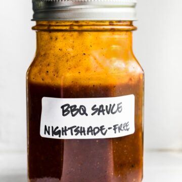 Nightshade free BBQ sauce in a jar with a label and lid.