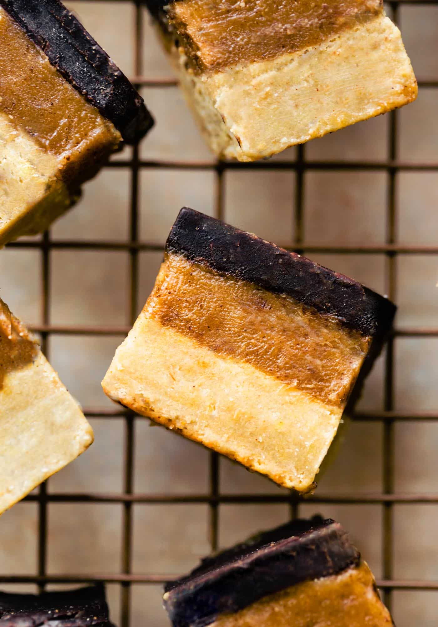 Overhead photo of the three layers in Bite-Sized Homemade Twix bars.