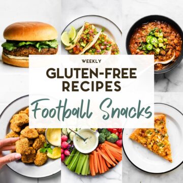 A grid of 6 food photos: cauliflower buffalo bites, chicken salad sliders, roasted chickpeas, no-bean chili, sweet potato tots, and chicken meatballs. Heading Reads " Weekly Gluten-Free Recipes. Game Day Snacks. Week 43"