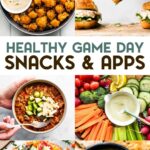 A grid of 6 photos of gluten-free game day snacks. Buffalo cauliflower bites, chicken salad sliders, no-bean chili, vegan ranch dip with vegetables, veggie lover's flatbread pizza, and vegan cheese dip.