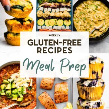 A grid of 6 photos of gluten-free meal prep recipes with text overlay.