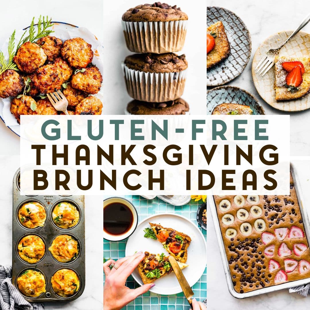 A grid of 6 food photos of gluten-free brunch recipes. Air fryer sausage, chocolate protein muffins, Swedish pancake, frittata muffins, vegan bacon toast, and sheet pan pancakes.