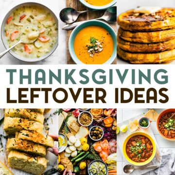 A grid of 6 food photos of meals made from Thanksgiving leftovers. Chicken gnocchi soup, root veggie soup, pumpkin waffles, potato bread, a Thanksgiving Grazing table, and sweet potato chili.