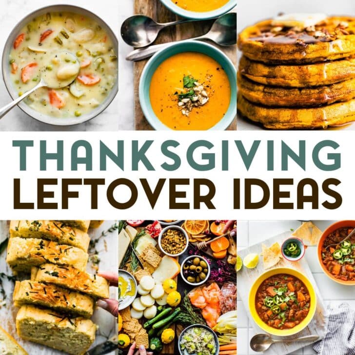 A grid of 6 food photos of meals made from Thanksgiving leftovers. Chicken gnocchi soup, root veggie soup, pumpkin waffles, potato bread, a Thanksgiving Grazing table, and sweet potato chili.