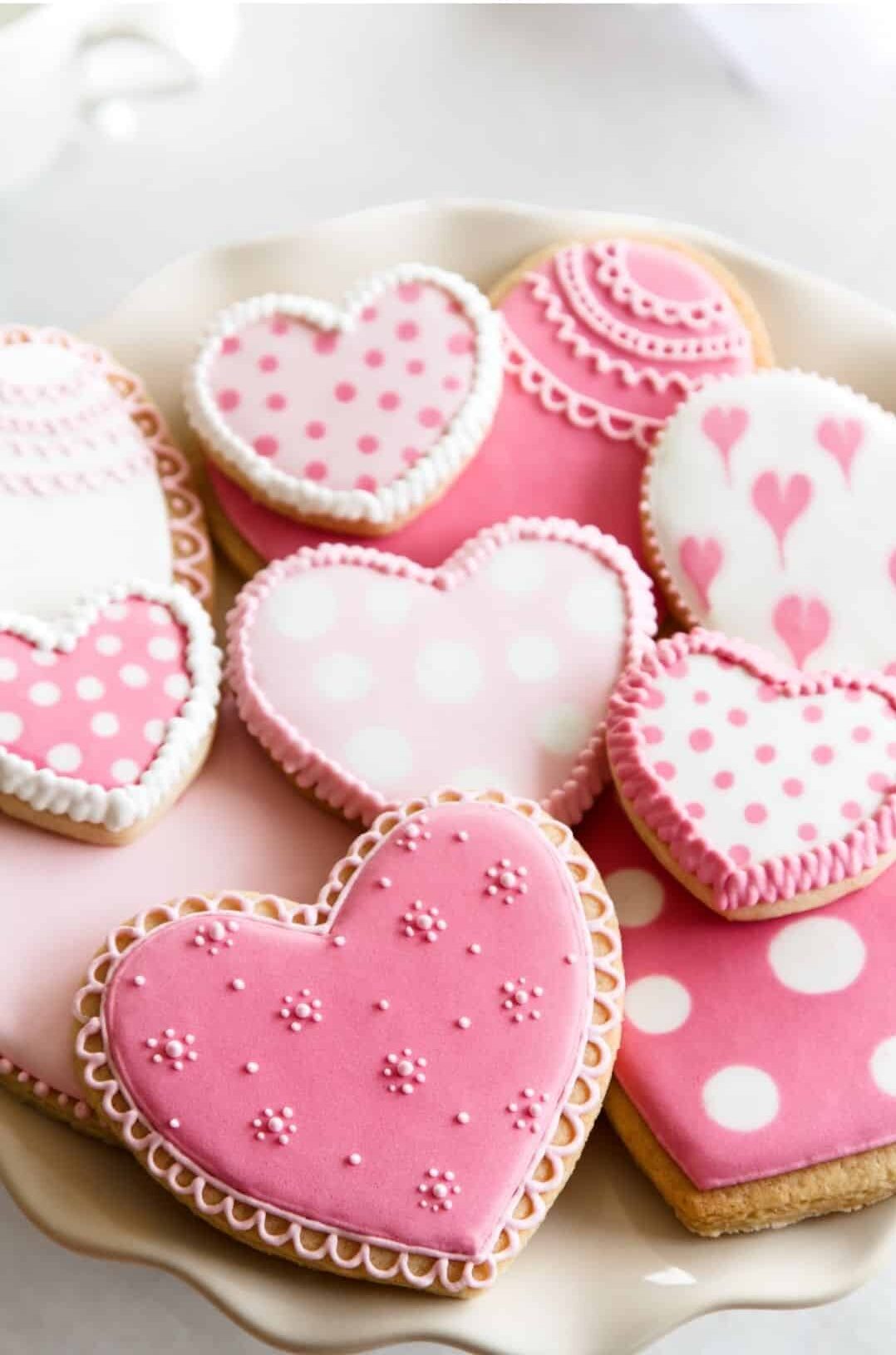 Decorated heart-shaped gluten-free cut-out sugar cookies.