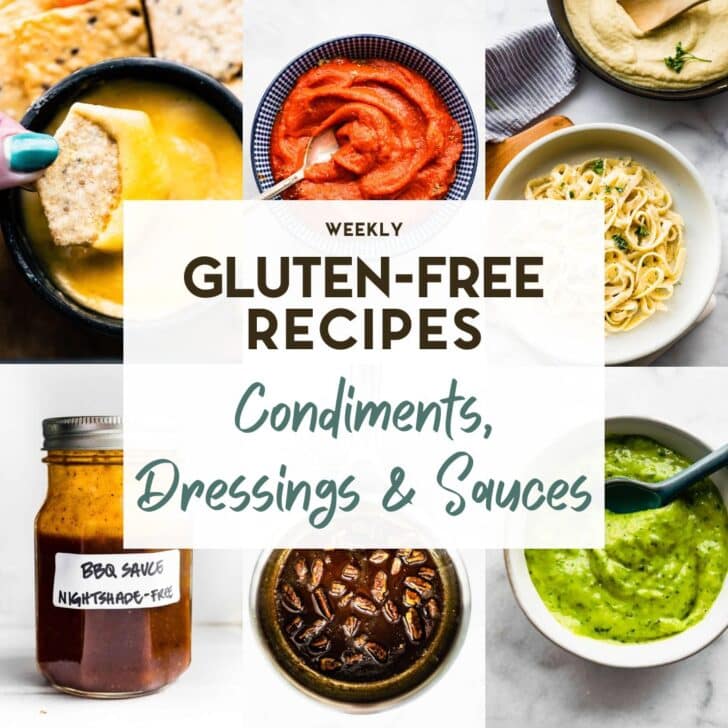 A grid of 6 photos of allergy-friendly and gluten-free sauces with a text overlay.