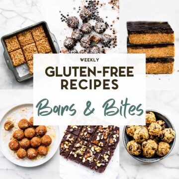 A grid of 6 photos of gluten-free no-bake bars and bites with a text overlay for pinterest.