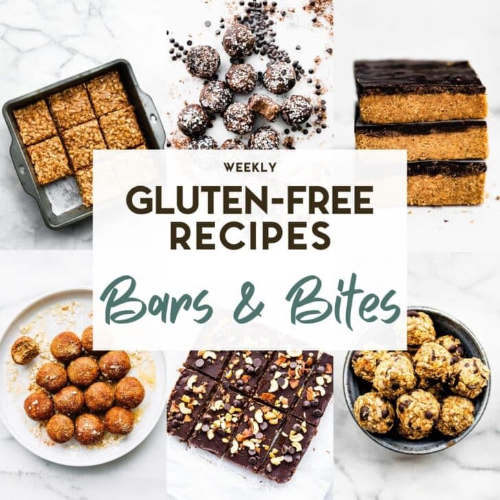A grid of 6 photos of gluten-free no-bake bars and bites with a text overlay for pinterest.