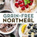 An overhead view of 3 bowls of different flavored noatmeal with a text overlay for pinterest.