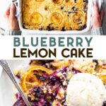 Two photos of gluten-free lemon blueberry cake with a text overlay for pinterst.