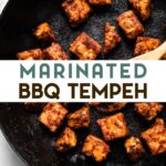 A photo of marinated BBQ tempeh in a cast iron skillet with a text overlay for pinterest.