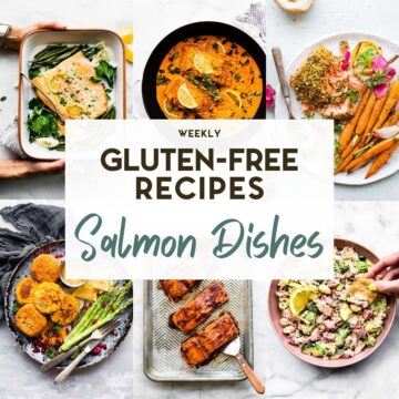 A grid of 6 photos of salmon recipes with a text overlay for pinterest.