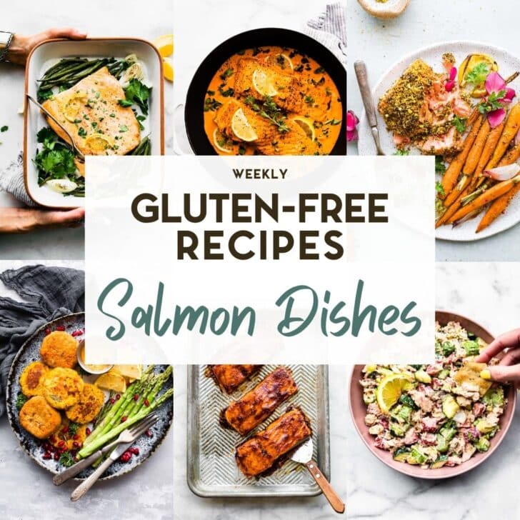 A grid of 6 photos of salmon recipes with a text overlay for pinterest.