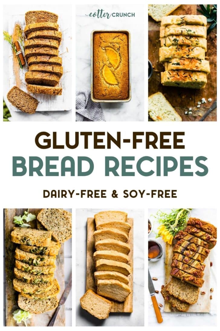 A grid of 6 gluten-free and dairy-free bread recipe photos with a text overlay for pinterest.