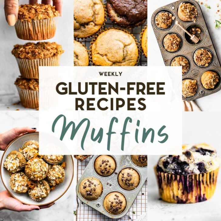 A grid of 6 photos of gluten-free muffins with a text overlay.