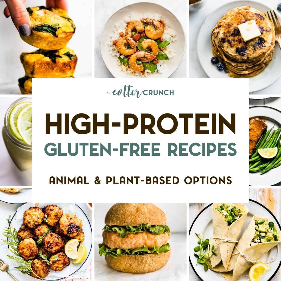 A grid of high-protein gluten-free food photos with a text overlay.