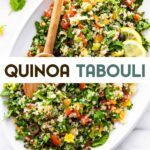 An overhead photo of a white oval serving dish of quinoa tabouli with a text overlay for pinterest.