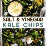 An overhead photo of salt and vinegar air fryer kale chips on a sheet pan with dipping sauce and a spoon with a text overlay for pinterest.