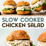 Two photos of gluten-free crock pot chicken salad sliders with a text overlay for pinterest.