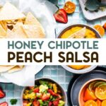 An overhead photo of a several bowls of salsa with tortilla chips on a blue-tiles surface with a text overlay for pinterest.