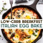 An overhead view of an Italian egg bake in a cast iron skillet with a text overlay for pinterest.