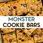 A photo of a square baking pan of gluten-free monster cookie bars with a text overlay for pinterest.